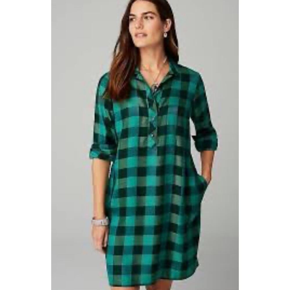 J. Jill Long Sleeve Plaid Tunic Dress Shirt Dress Pockets Green Scots Pine M